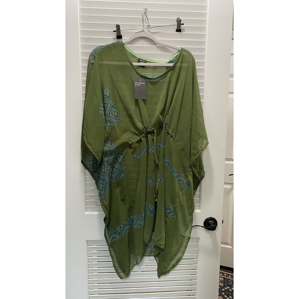 American Leisure Green Geometric Sheer Kaftan Cover Up Free Size Boho